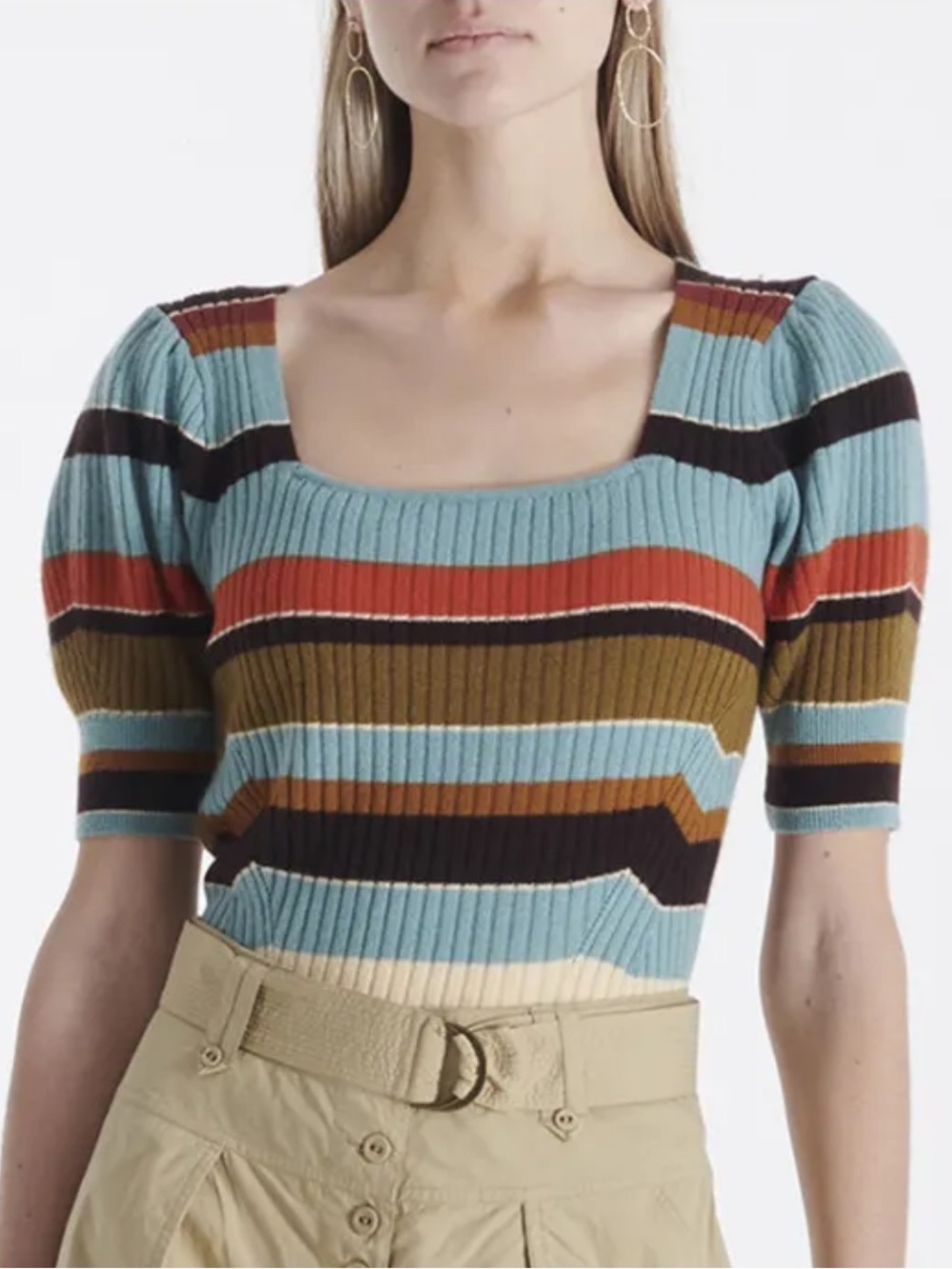 Ulla Johnson Striped Wool & Cashmere Short Sleeve Square Neck Hadley Knit Top P